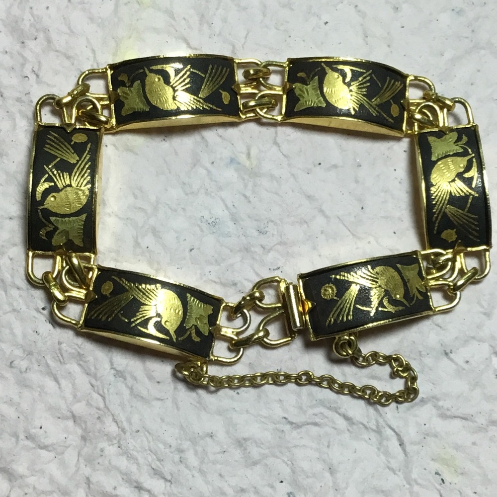 Damascene 6 Link Bracelet 7”L Real Gold Inlay Birds Scrolling Foliage EVC